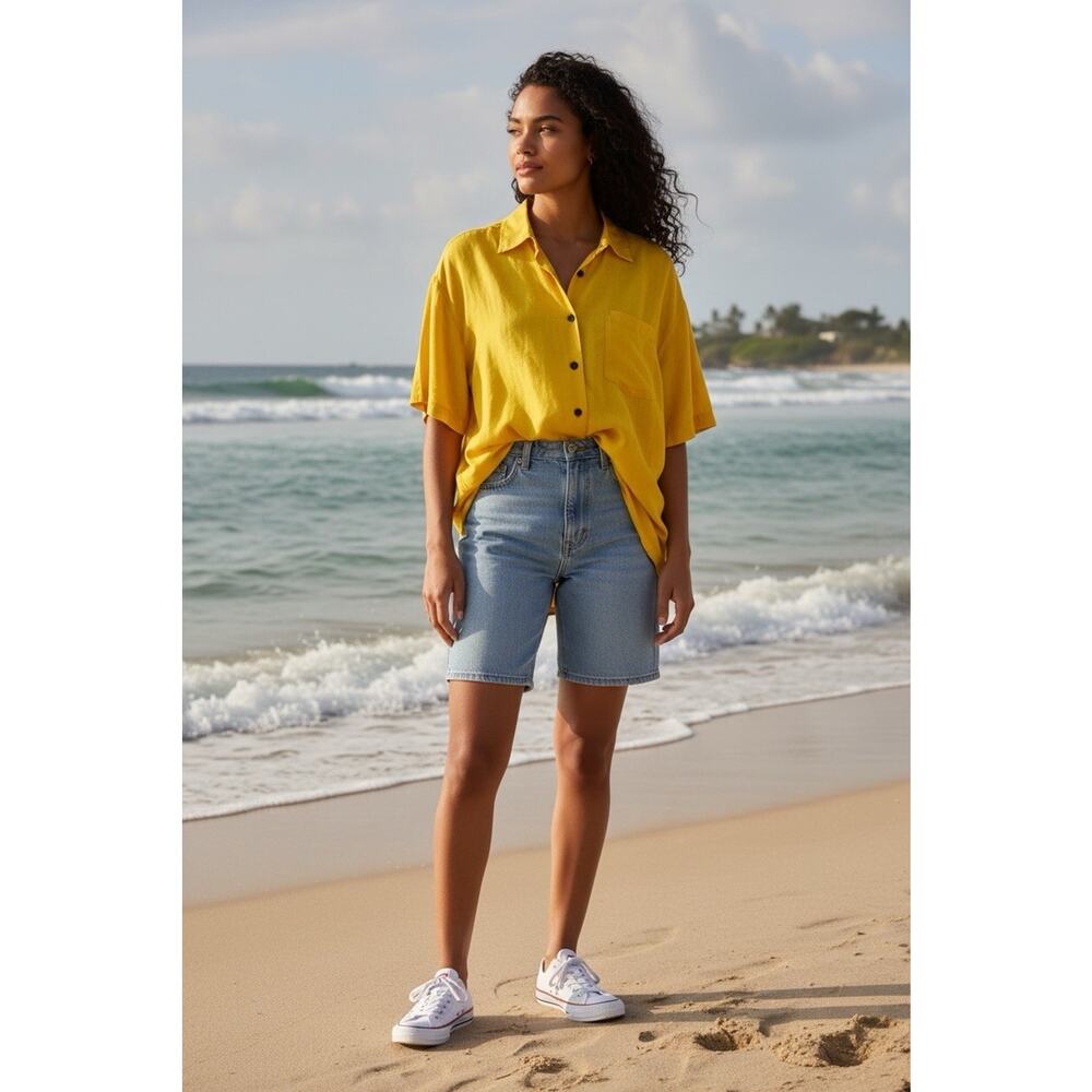 Vintage Jaeger Adult 36in Yellow Linen Short Sleeve Shirt Casual Beach Natural